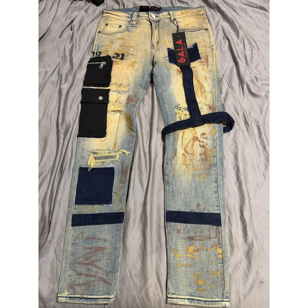 Gala Jeans Mens 34x28 Blue Slim Tapered Distressed‎ Strap Cargo Light Wash Denim
